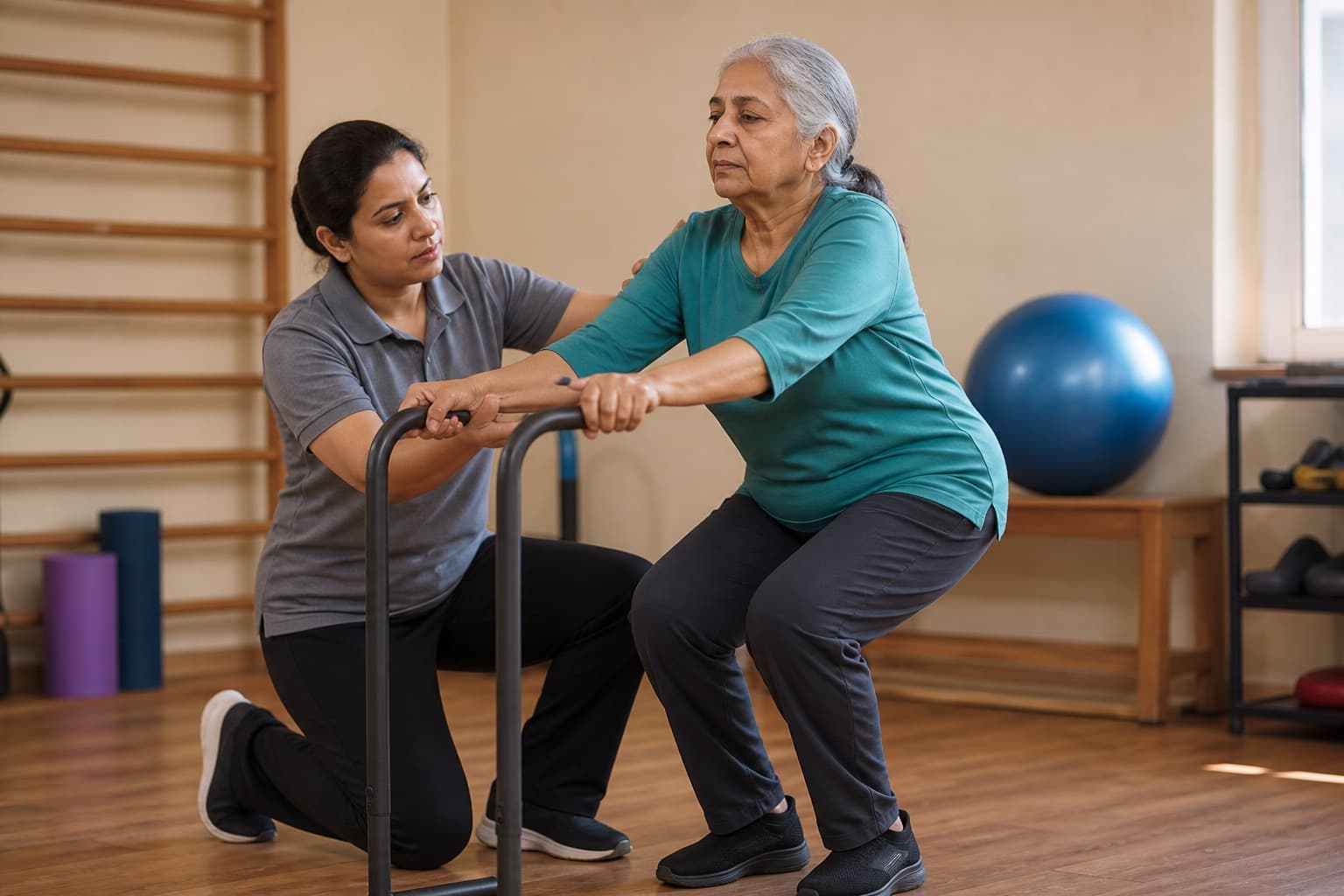 A physiotherapist assessing a patient's joint mobility in clinic
