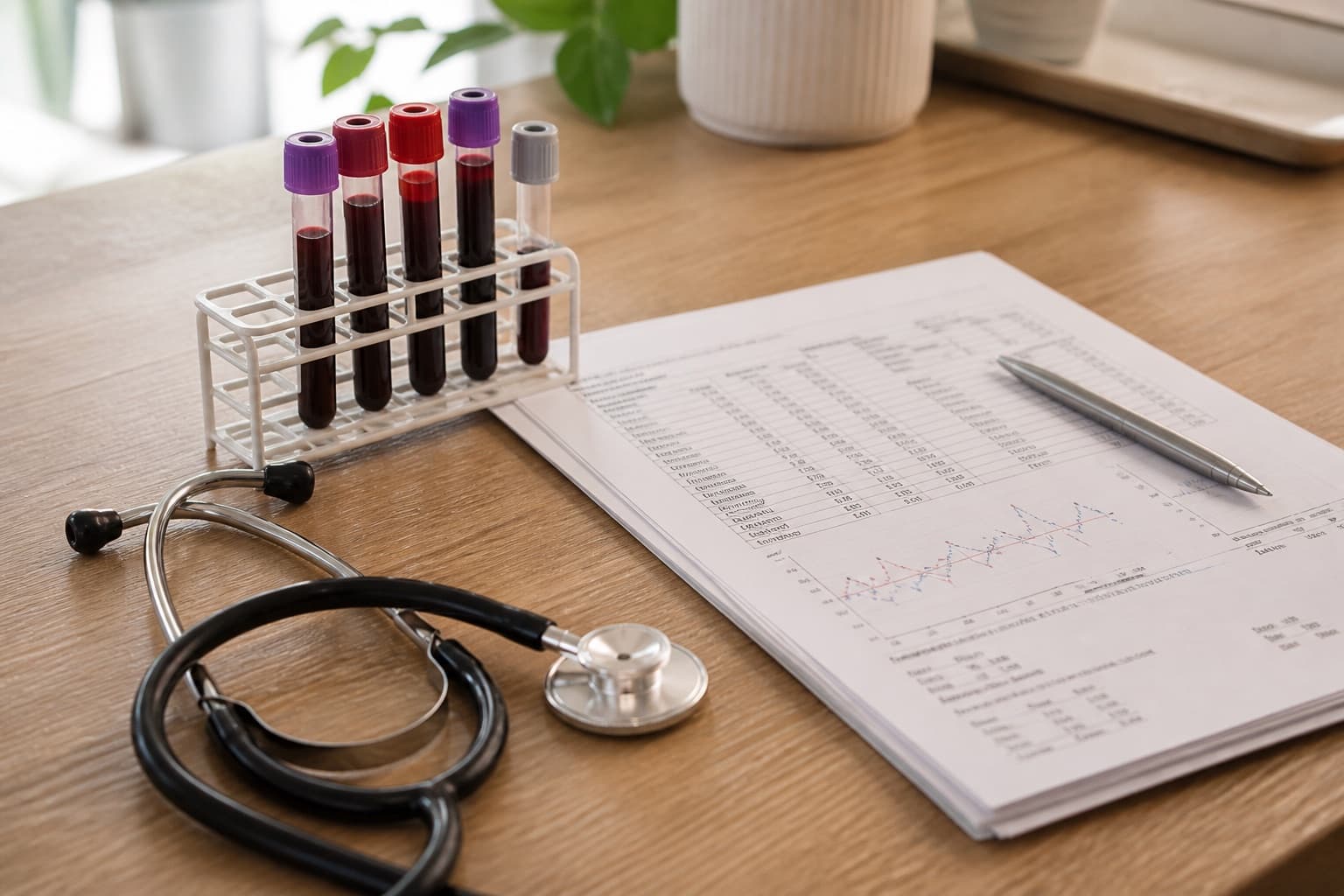 Blood sample tubes, a printed lab report and a stethoscope on a clinic desk
