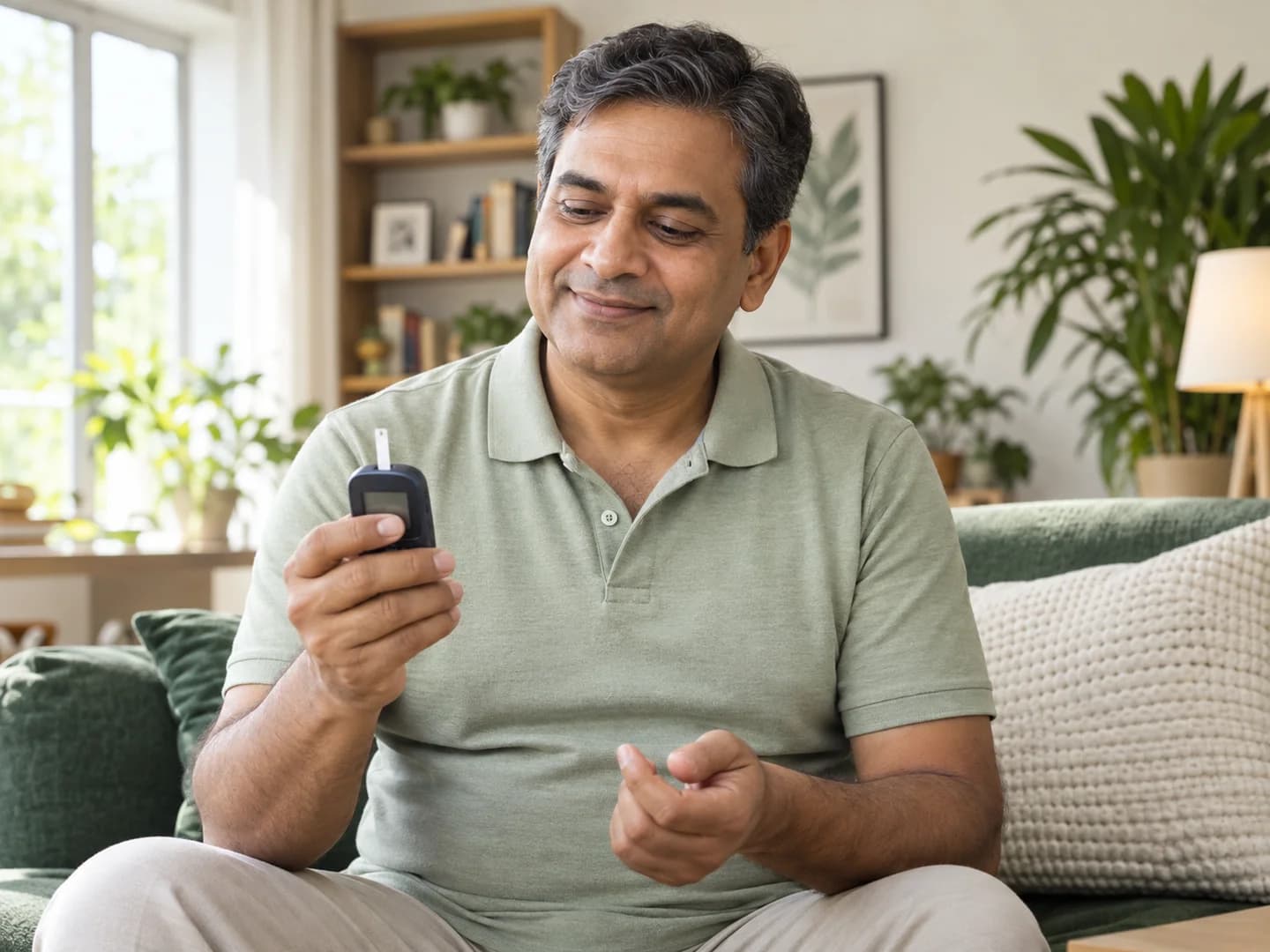 A man checking his blood glucose meter at home