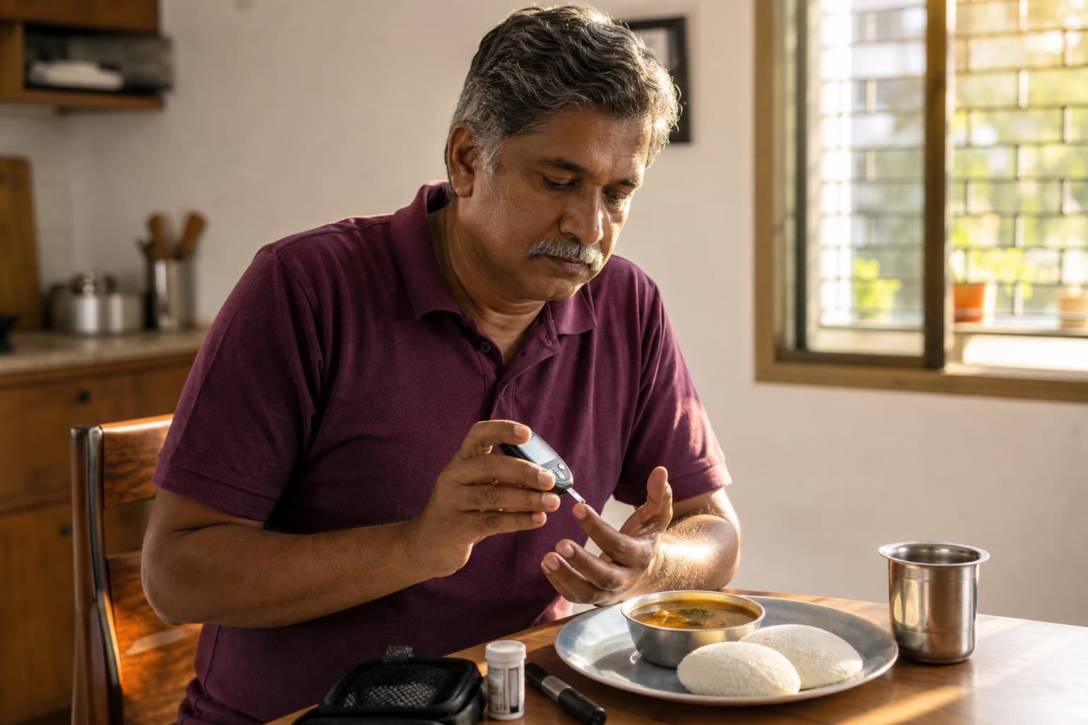A doctor reviewing a glucose monitor reading with a patient in clinic