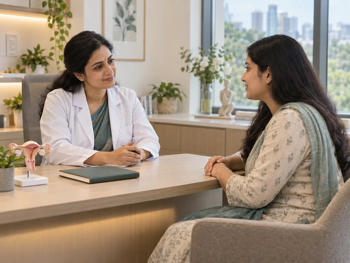 A fertility doctor listening to a patient during a private consultation