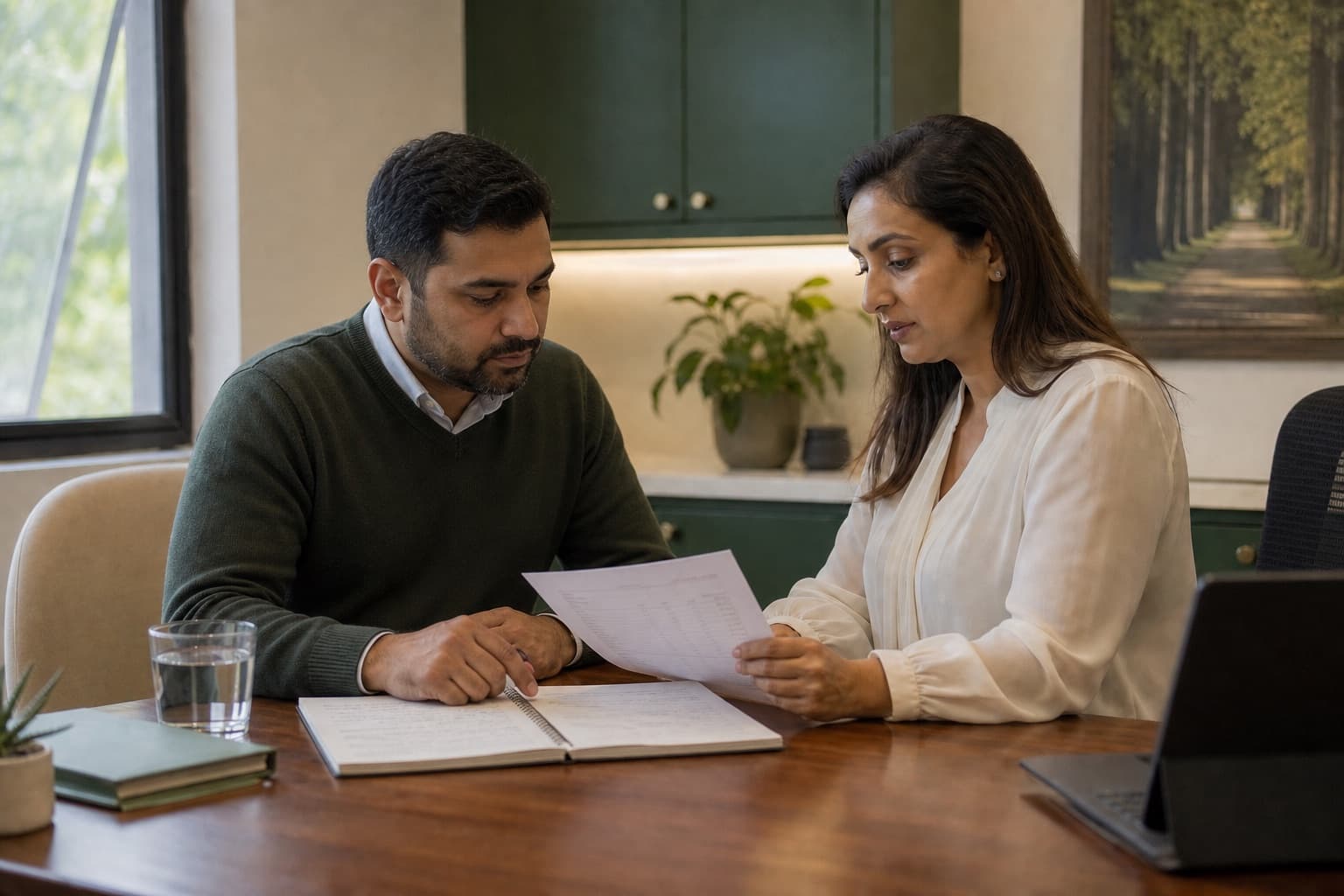 A clinician and a patient reviewing handwritten notes and a printed report together
