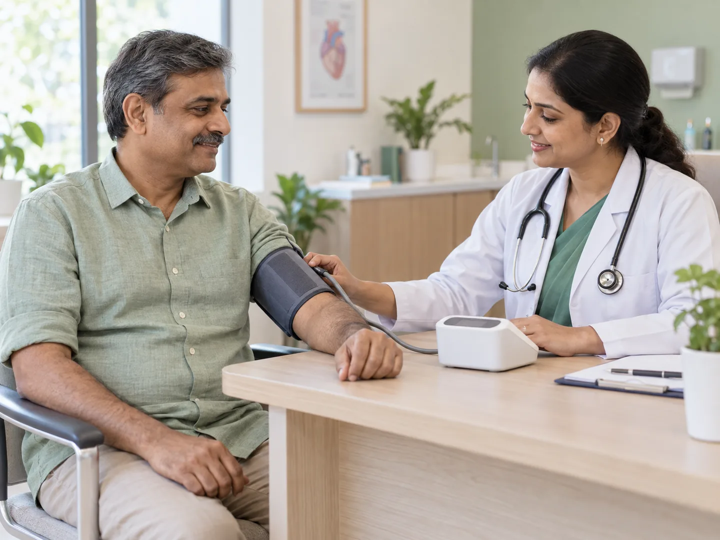 A clinician taking a patient's blood pressure during a consultation