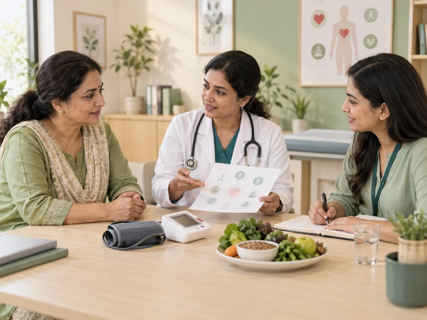 A doctor and nutrition coach creating a personalised blood pressure care plan with a patient