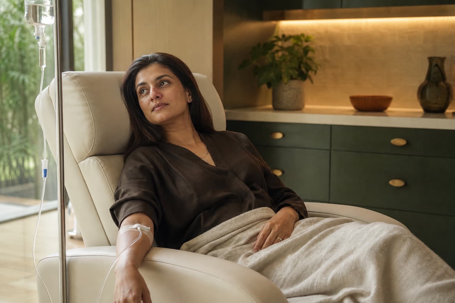 A woman receiving an IV infusion in a warm clinic recliner