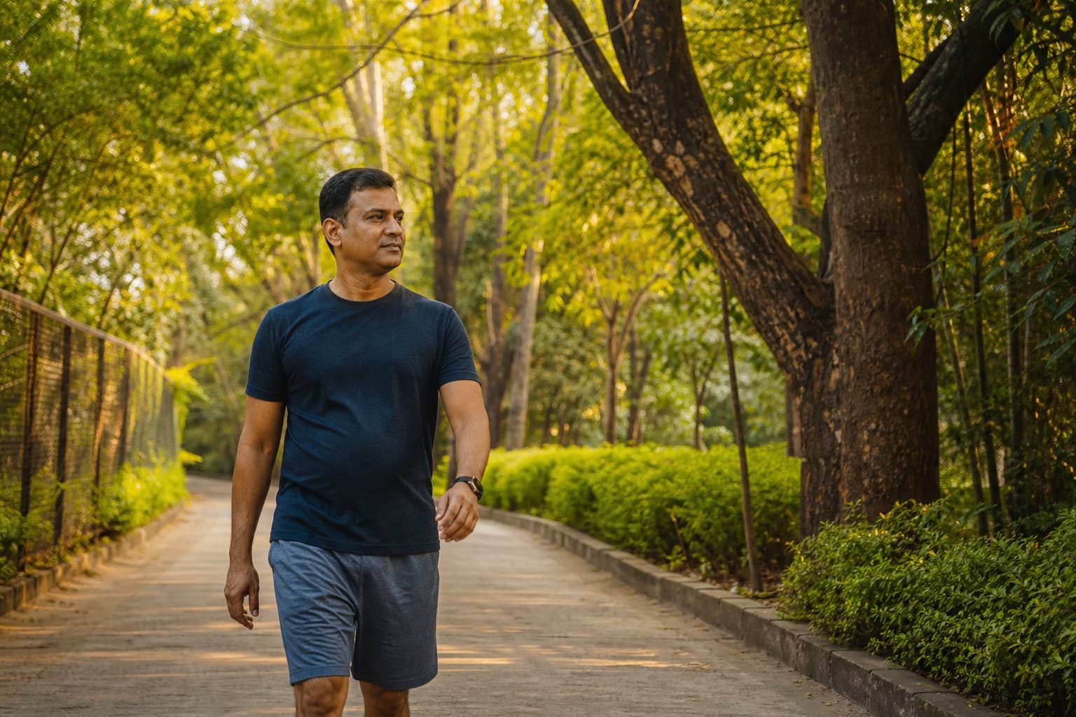 A man walking at an easy pace on a tree-lined outdoor path