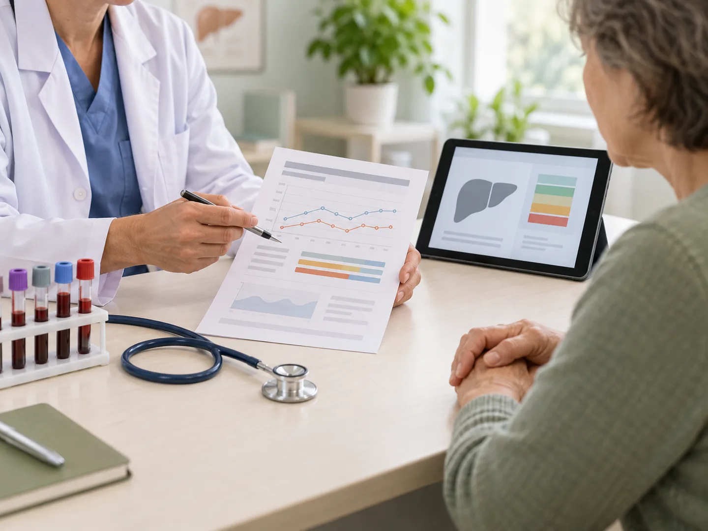 Fibrosis monitoring results being reviewed beside capped sample tubes and a stethoscope