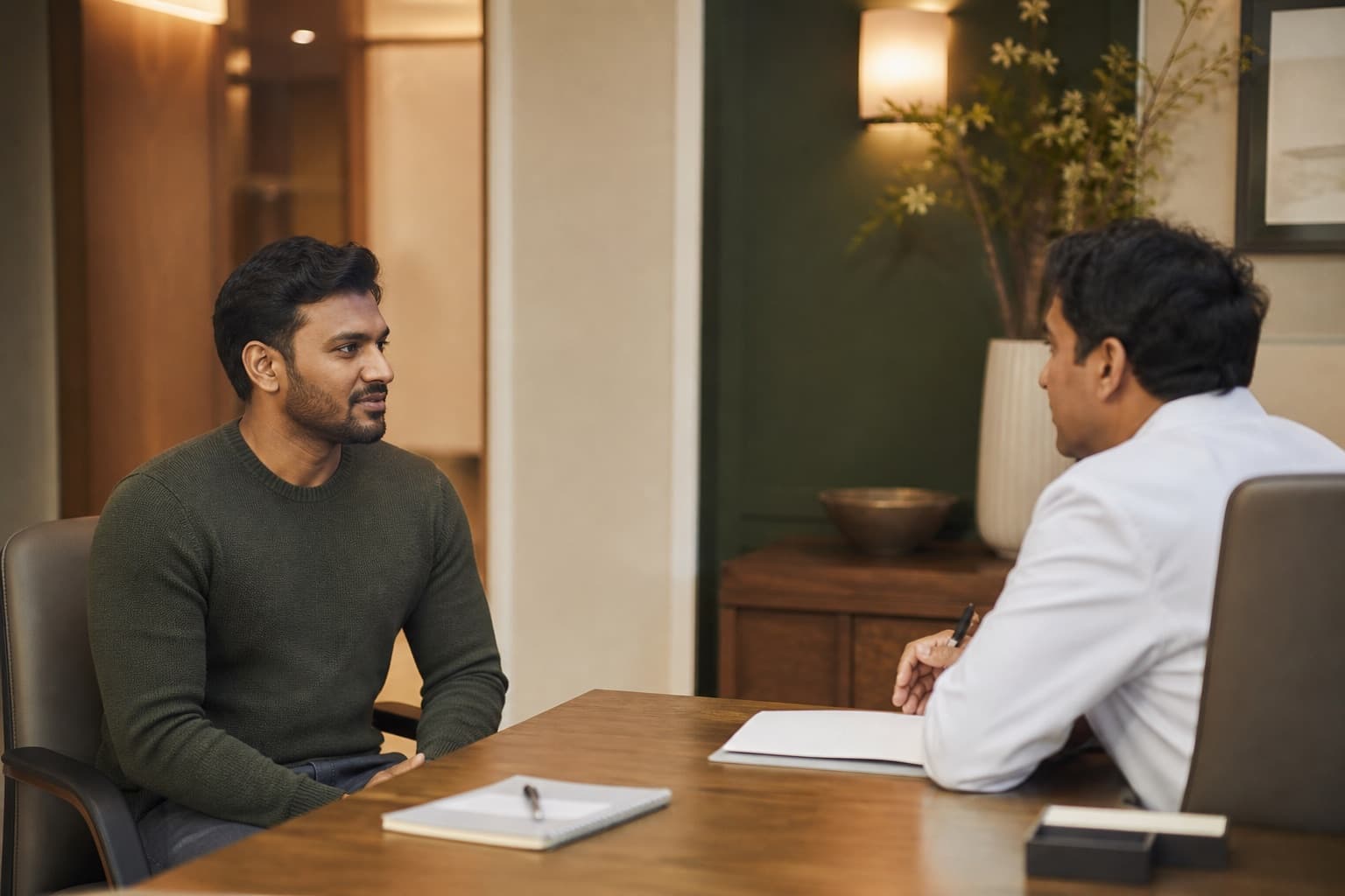 A man in a calm consultation with a clinician at a clinic desk