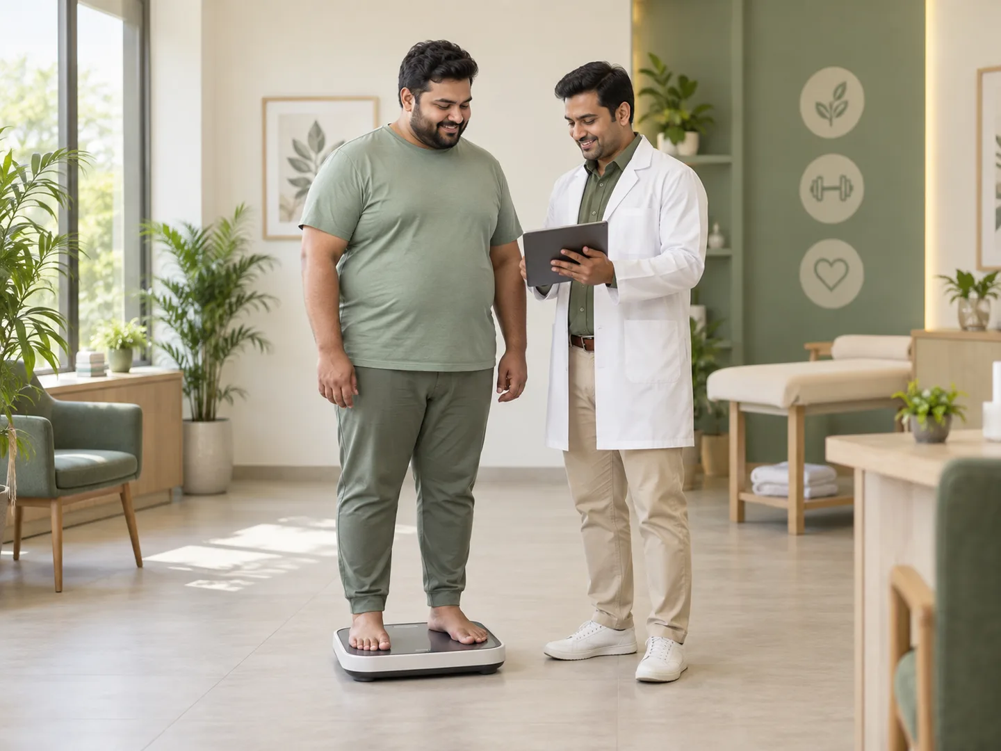 A clinician reviewing a body-composition assessment with a patient