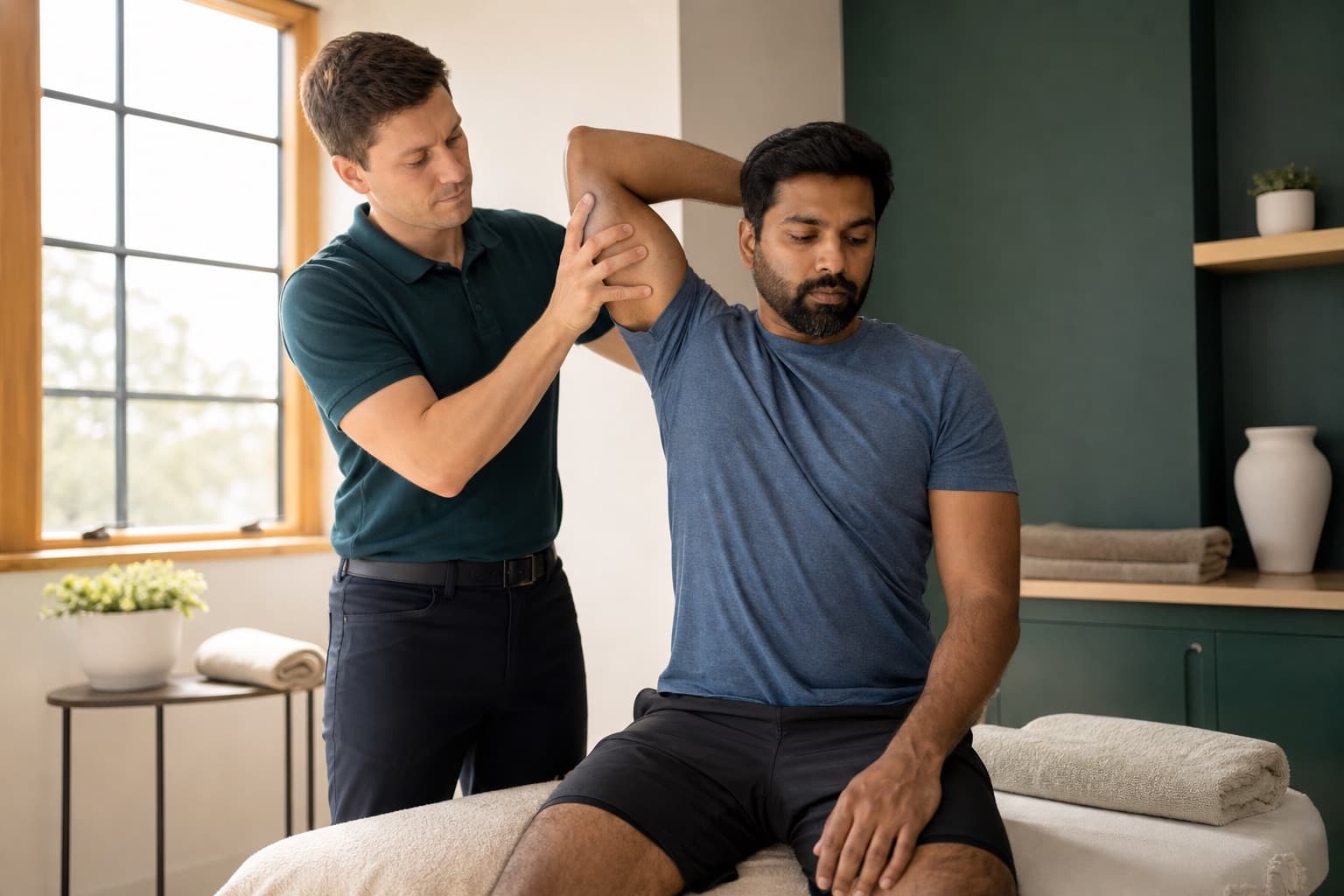 A physiotherapist guiding a patient through a gentle joint-mobility exercise