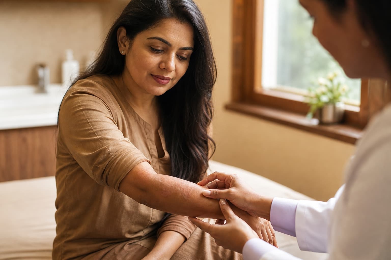 A clinician examining a woman’s forearm skin during a dermatology consultation