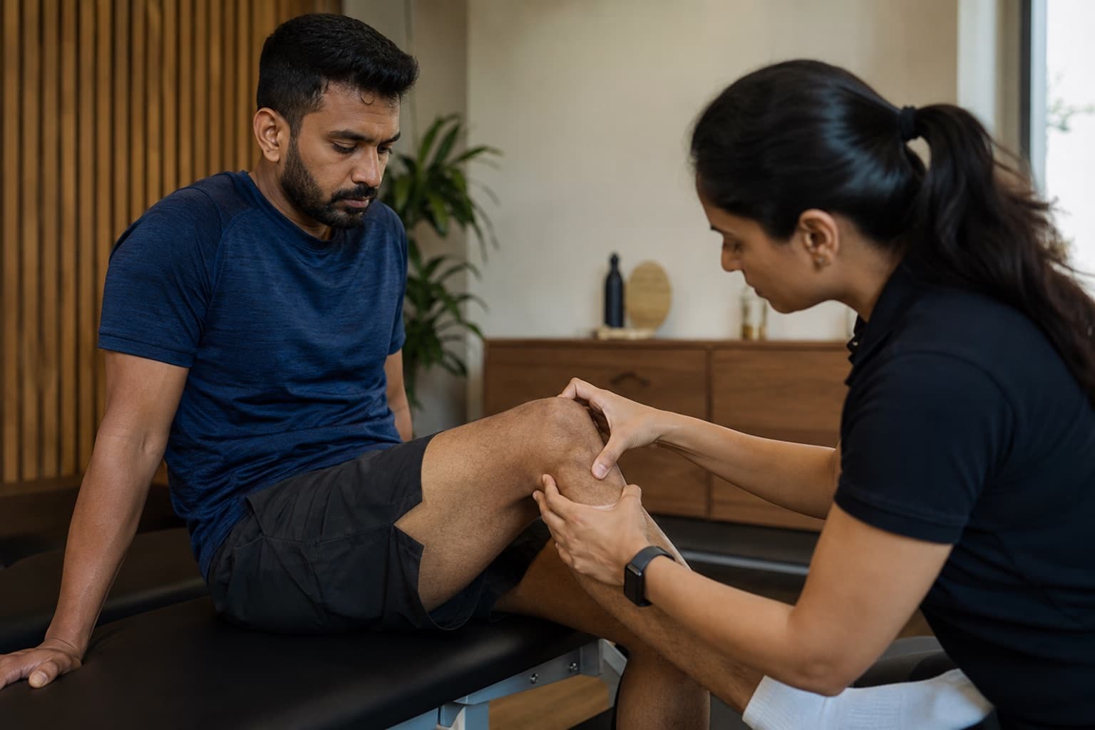 A sports medicine physician assessing an athlete's knee in clinic
