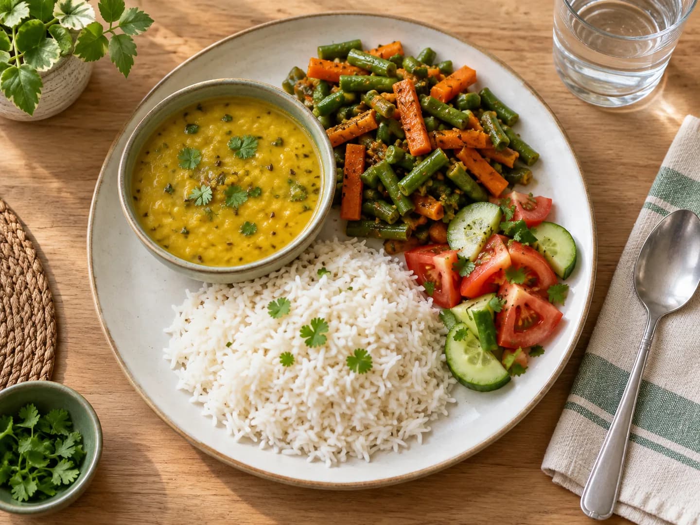 An Indian lunch with rice, yellow dal, cooked vegetables and cucumber-tomato salad