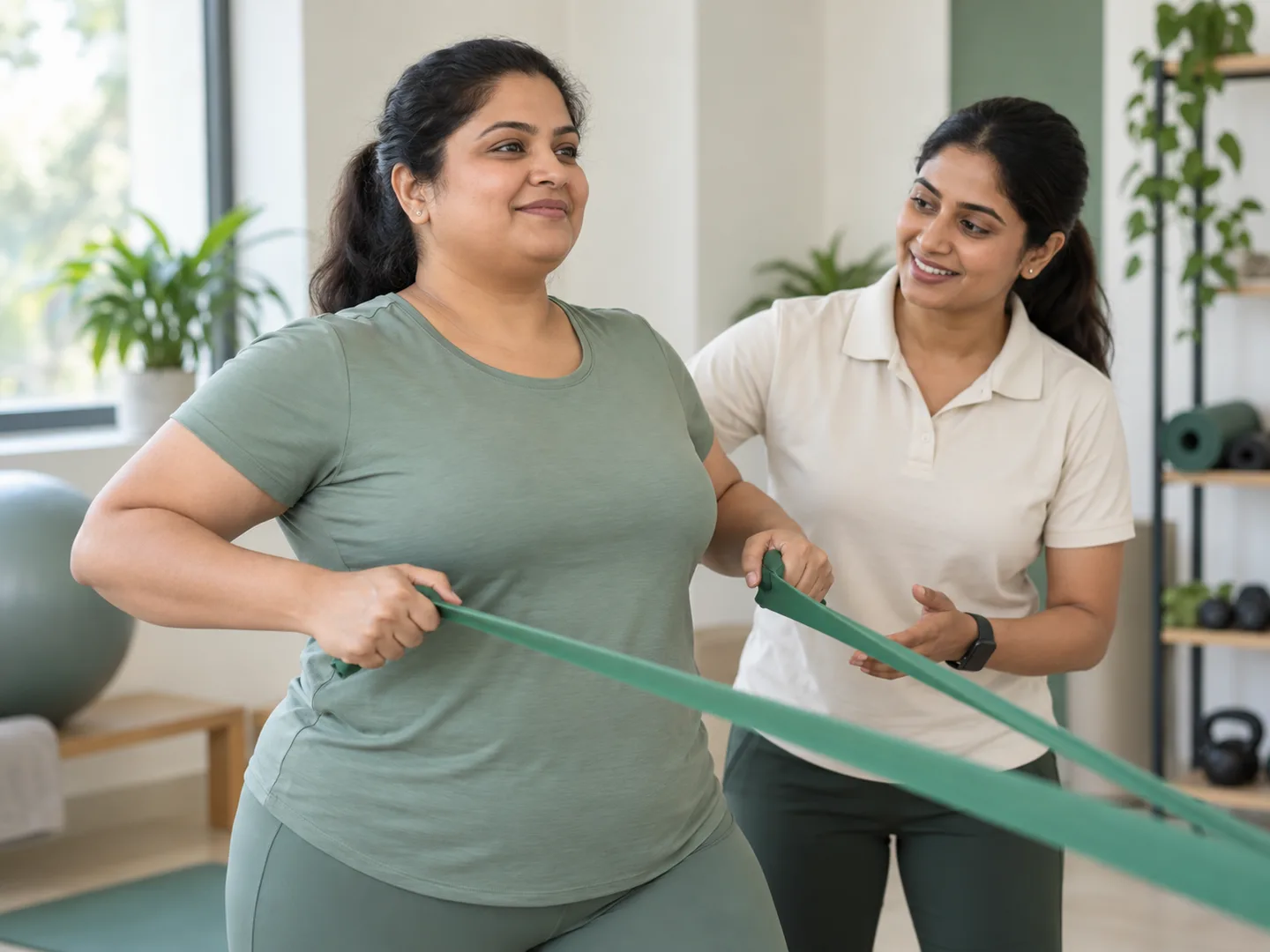 A woman practising a resistance-band exercise with guidance from a fitness coach