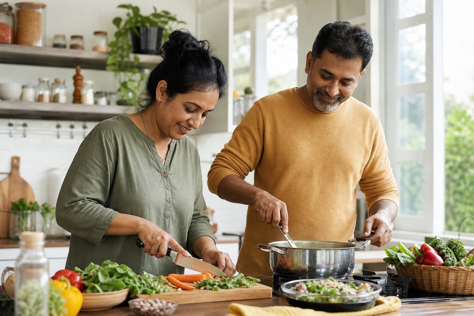 A couple preparing a simple vegetable and millet meal in a sunlit kitchen