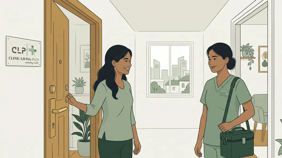 A Clinic Living Plus nurse arriving at a patient's home