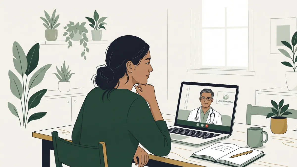 A patient on a video consultation with a Clinic Living Plus doctor from home