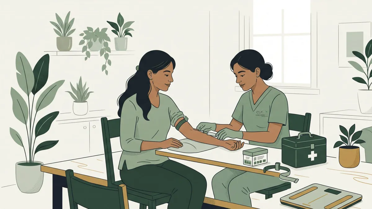 A Clinic Living Plus nurse drawing blood from a patient at home
