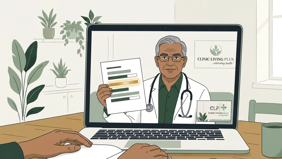A doctor on a video call going through a patient's reports