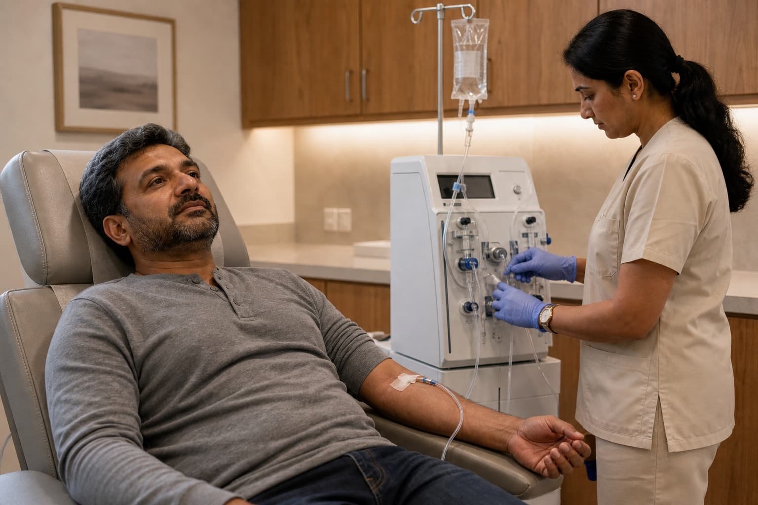 A patient receiving an IV infusion in a warm clinic recliner