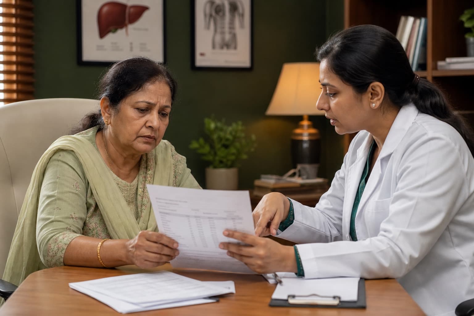 An older man reviewing printed lab papers with a clinician in a warm clinic