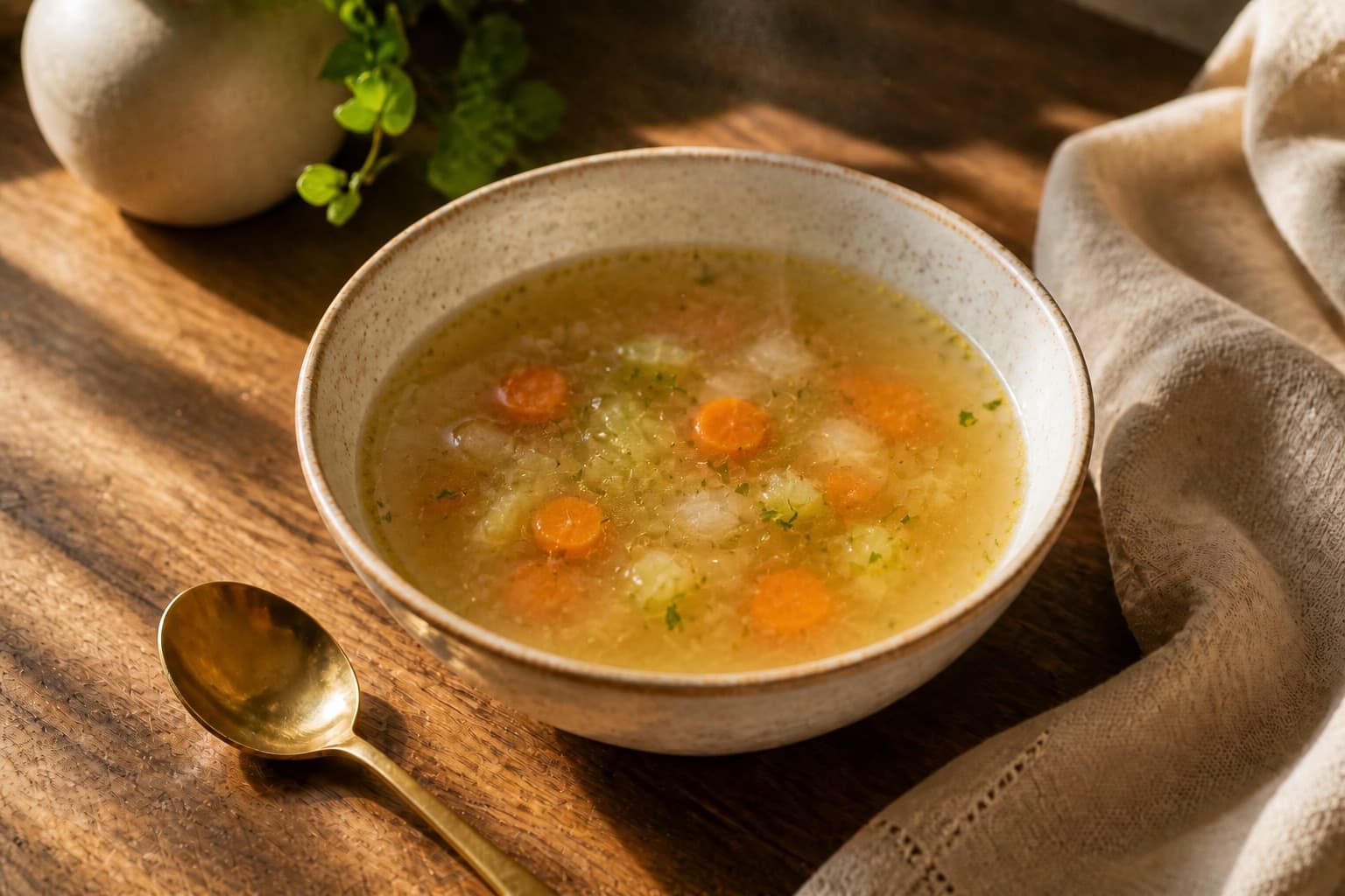 A ceramic bowl of steaming broth on a wooden table in morning light
