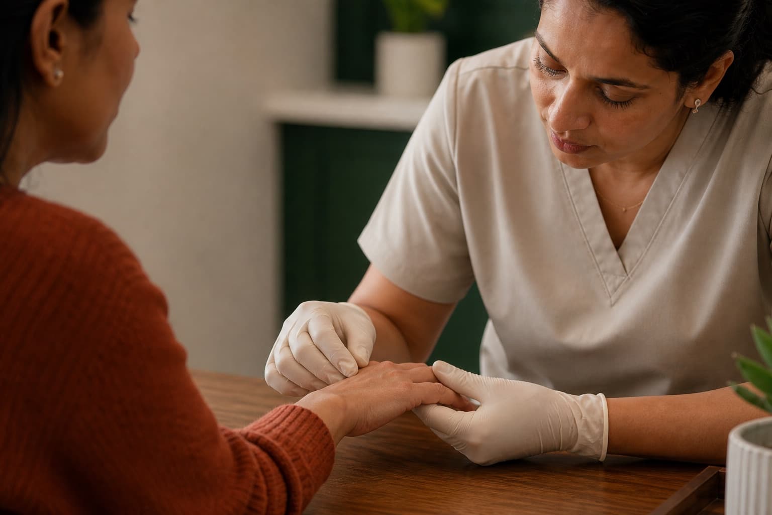 A clinician in gloves examining a woman’s fingernails at a clinic table
