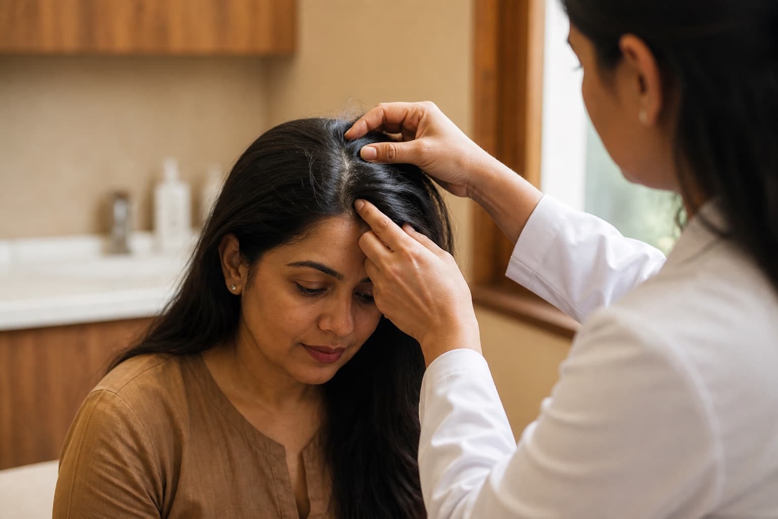 A clinician gently looking at a woman's scalp during a dermatology visit
