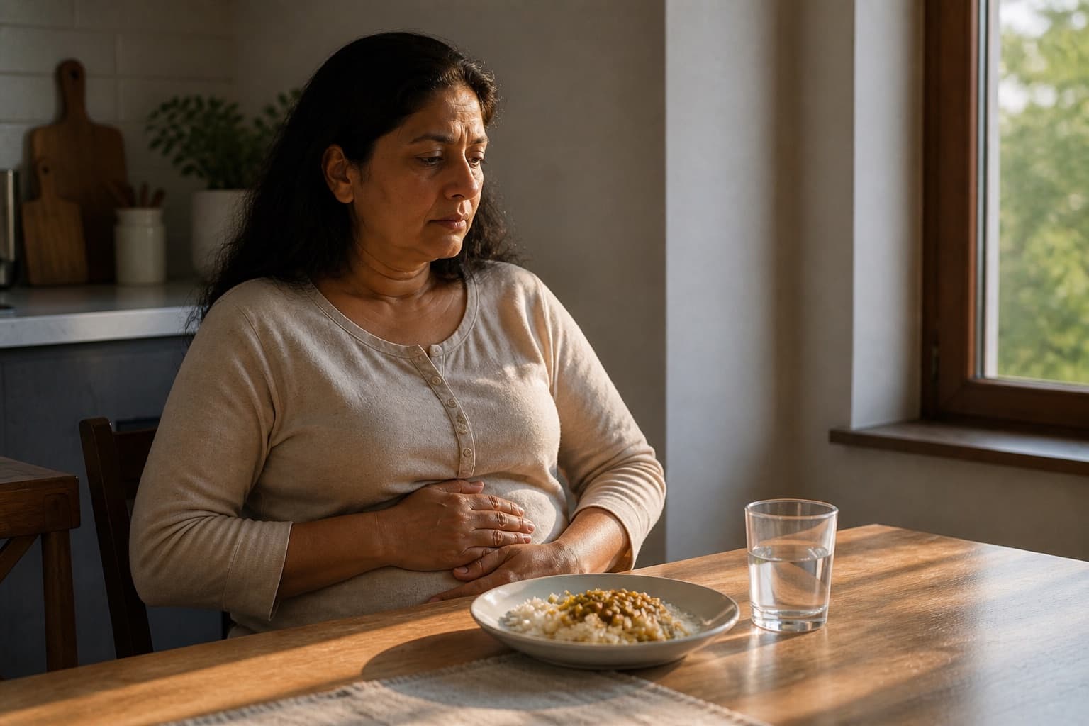 A woman resting a hand on her abdomen in gentle discomfort