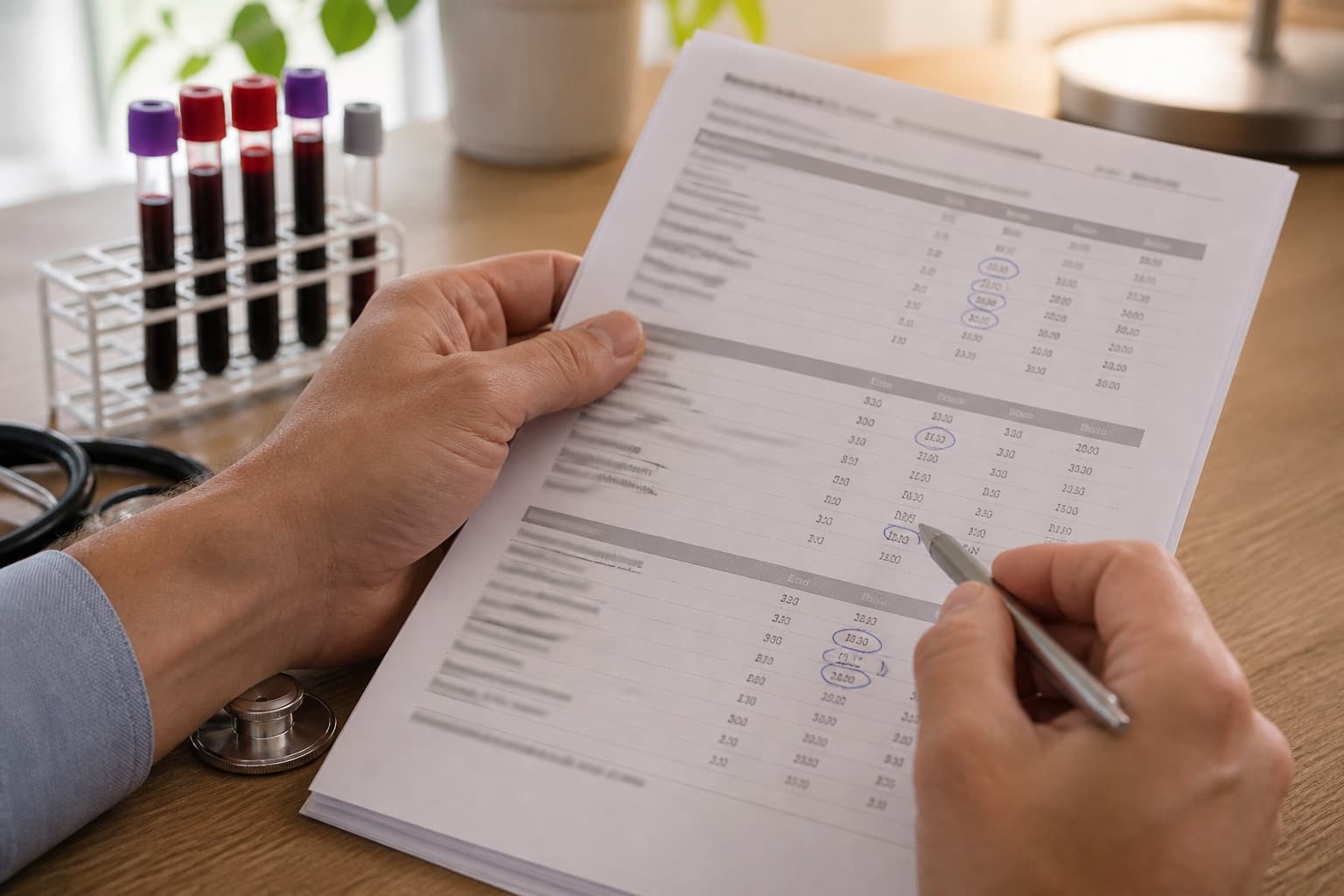 A man’s hands holding a printed lab report at a wooden clinic desk