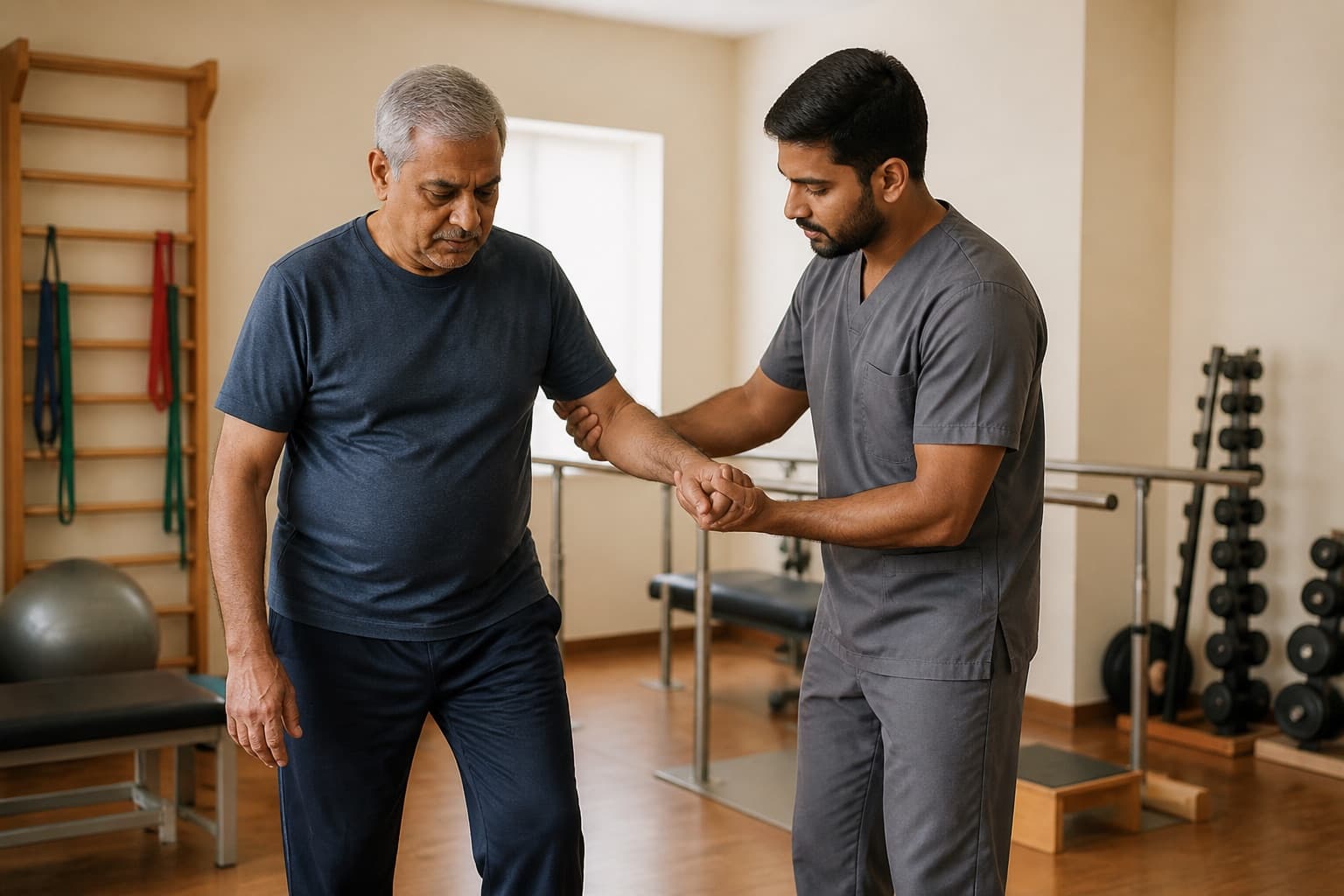 A physiotherapist assisting a stroke patient with rehabilitation exercises