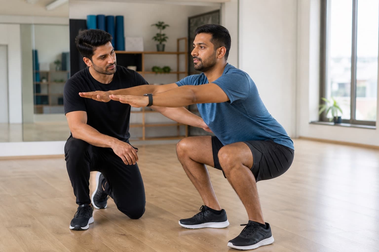 A trainer coaching a client through a bodyweight squat in a bright studio