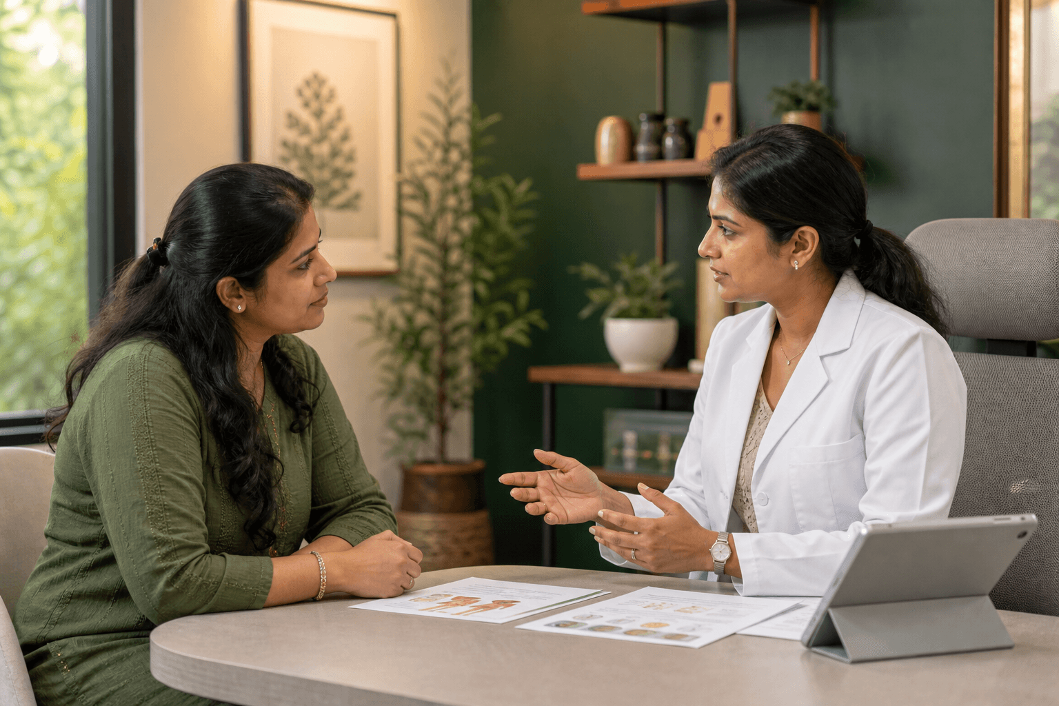 A doctor consulting with a woman during a PCOS appointment in clinic