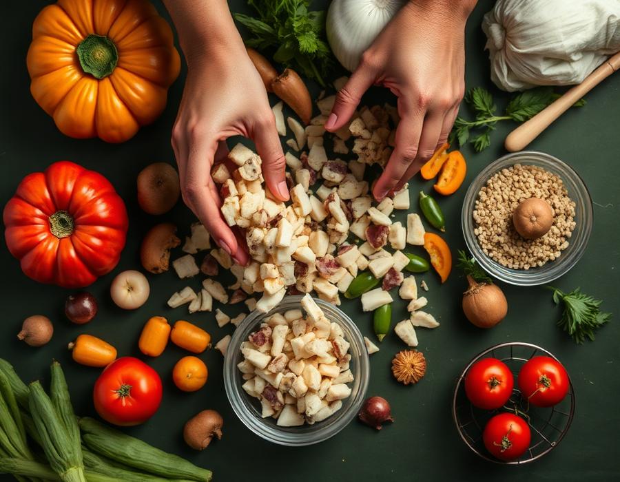 Chopped fresh vegetables and legumes