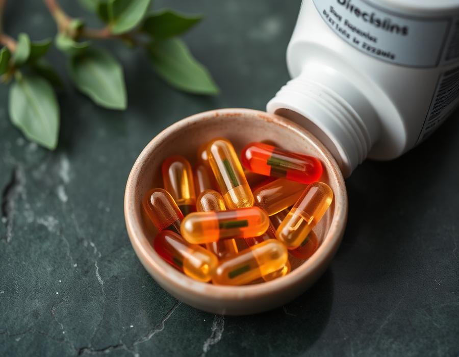 Bowl of supplement capsules