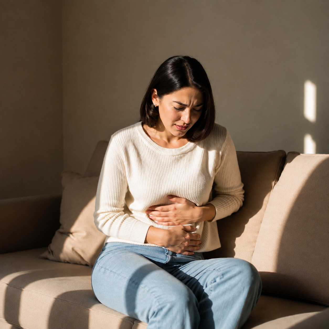 Person sitting on a sofa with abdominal discomfort